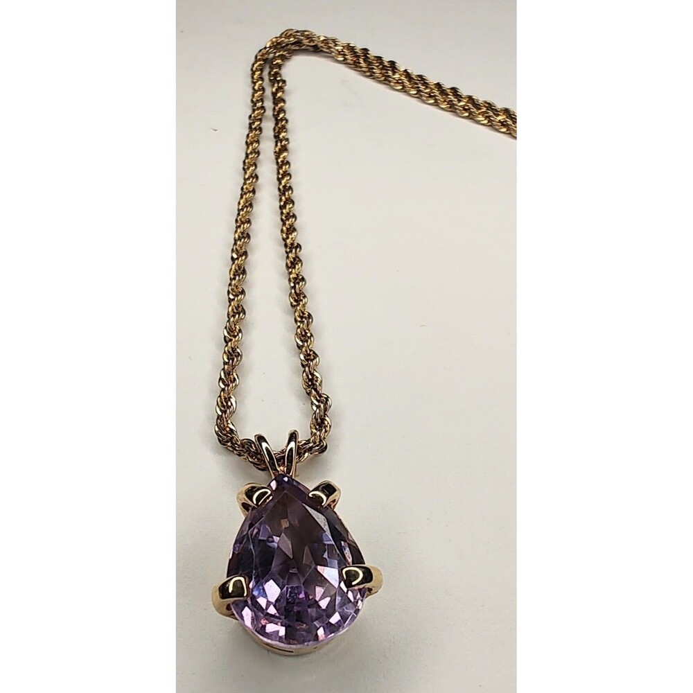 Vintage Gold Tone Rope Chain 24" With Large Teardrop Amethyst Pendant Minimalist